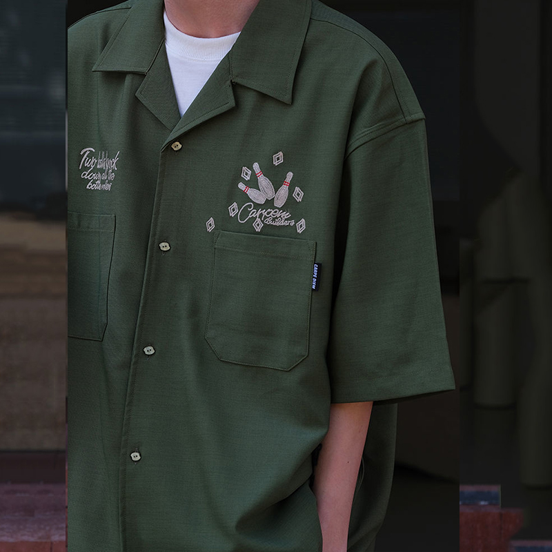 Bowling Embroidery Green Tooli - Short Sleeve Bowling Shirt Retro ulasan dan harga