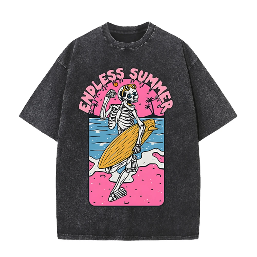 2026 Vintage Skeleton Surfer E - Acid Wash Vintage Graphic T Shirt ulasan dan harga