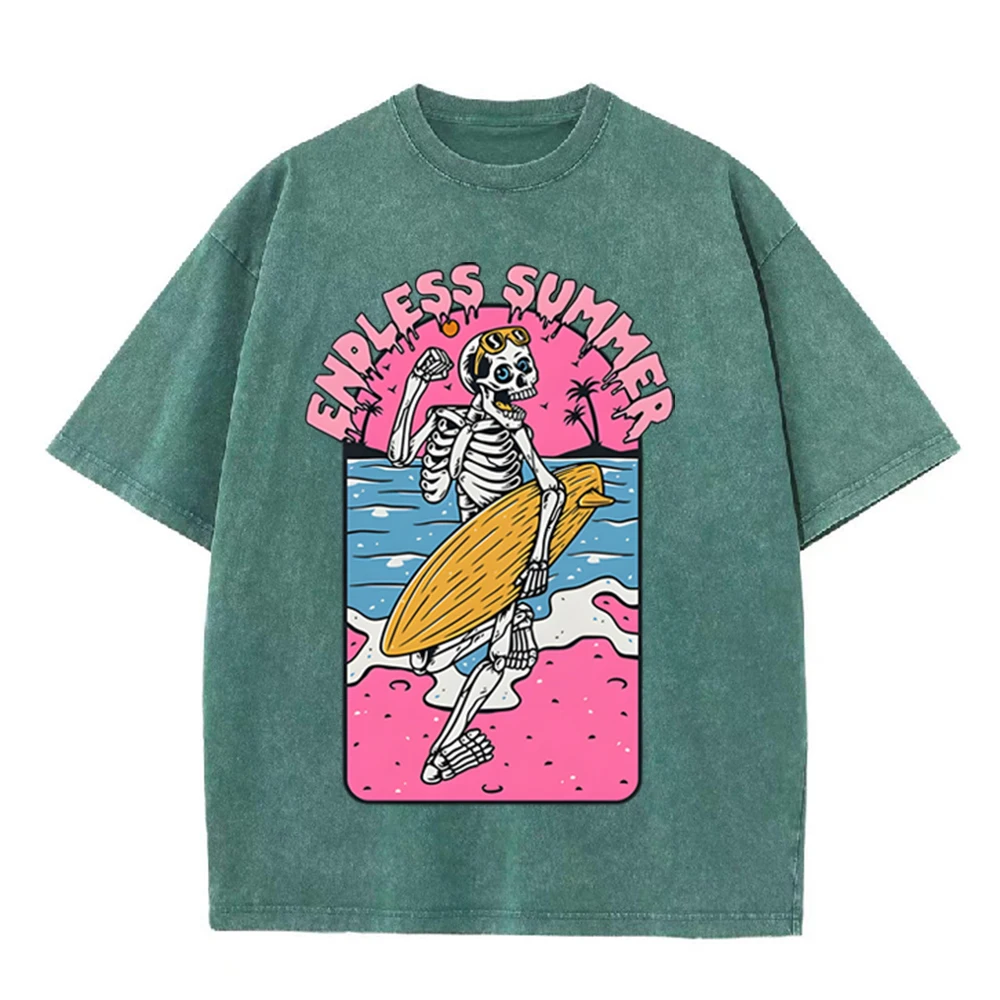 2026 Vintage Skeleton Surfer E - Acid Wash Vintage Graphic T Shirt ulasan dan harga