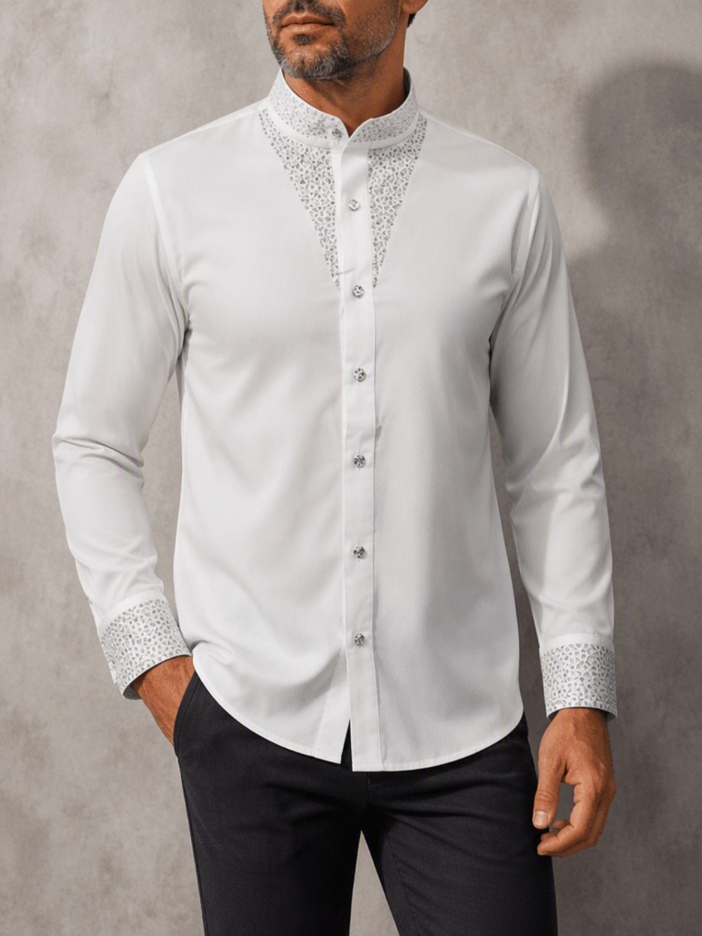 Men's Casual Business Blouse F - Mandarin Collar Formal Shirt Slim Fit ulasan dan harga